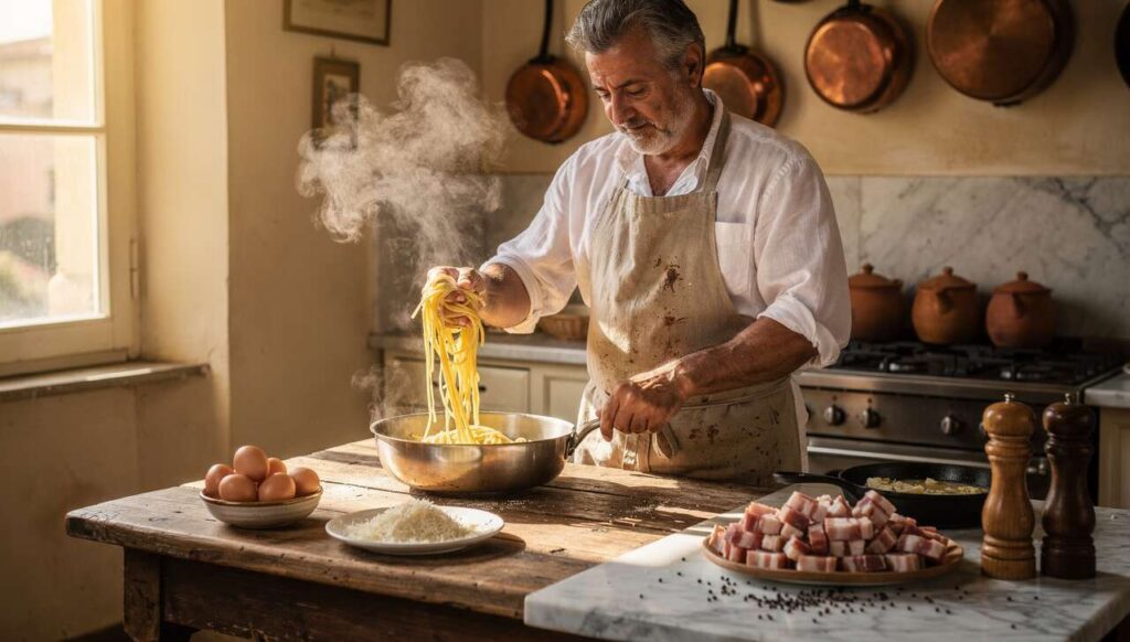 Carbonara perfetta: lo chef romano rivela il momento esatto per aggiungere le uova