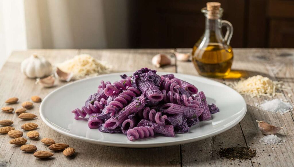 Pasta con pesto di cavolo viola: un primo piatto cremoso e sorprendente - Blog di Il caldo sapore del sud