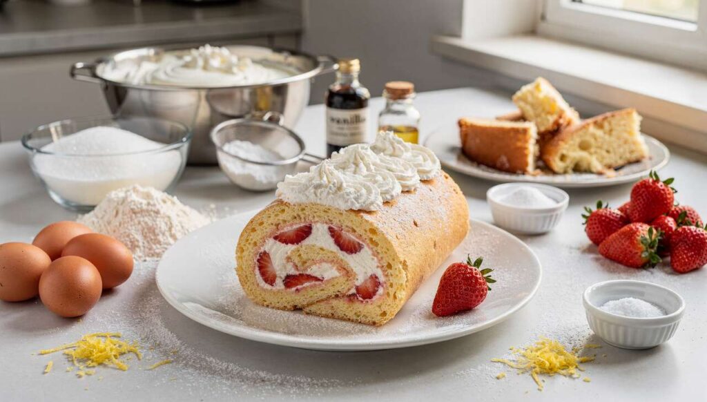 Rotolo Mimosa ripieno di panna e fragole