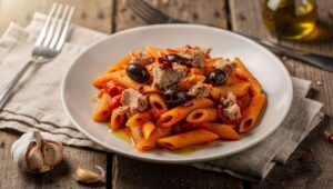 Pasta ai due pomodori con tonno e olive ricetta primo piatto facile, veloce, sfizioso, buonissimo e pronto in 15 minuti!