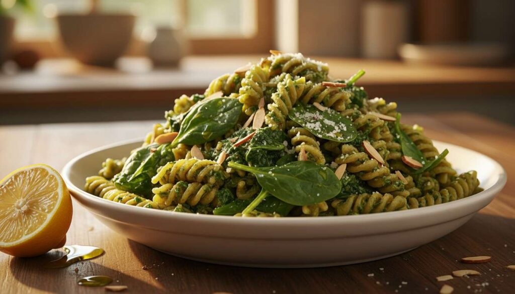 Pasta al pesto di spinaci e mandorle: cremosa, rapida e pronta in pochi minuti - Blog di Il caldo sapore del sud