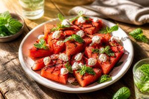 Fette di anguria grigliata con feta sbriciolata, foglie di menta fresca e scorza di lime su un tagliere di legno chiaro