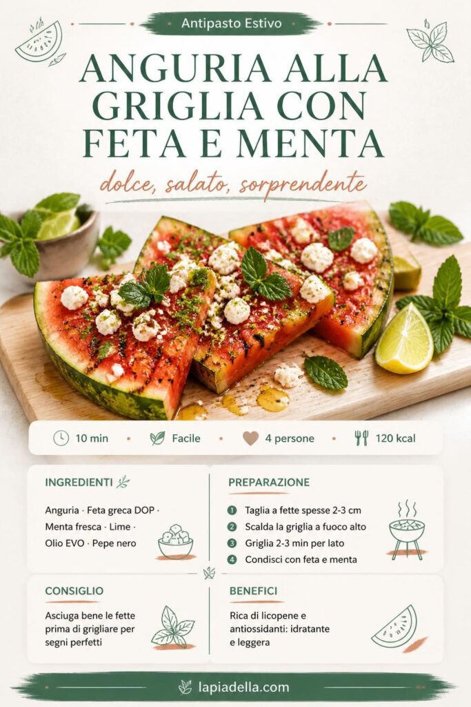 Fette di anguria alla griglia con feta sbriciolata, menta fresca e lime su tagliere di legno
