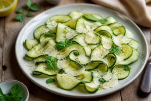 Carpaccio di zucchine crude con scaglie di parmigiano, scorza di limone e olio extravergine d'oliva su piatto bianco, vista dall'alto