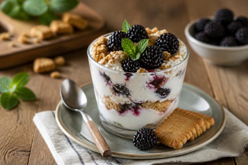Coppa fredda di ricotta, more fresche e biscotti sbriciolati servita in un bicchiere trasparente con foglie di menta
