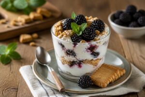 Coppa fredda di ricotta, more fresche e biscotti sbriciolati servita in un bicchiere trasparente con foglie di menta