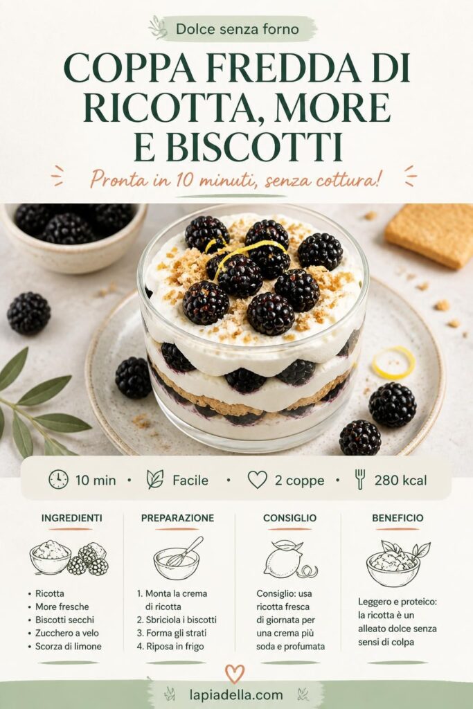 Coppa fredda di ricotta, more fresche e biscotti sbriciolati in un bicchiere trasparente