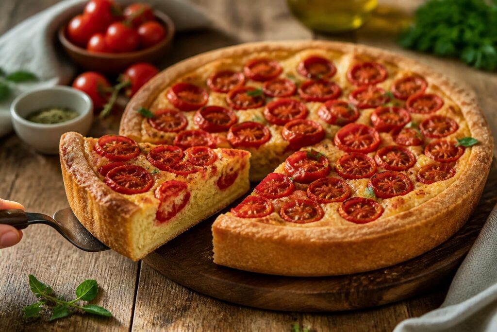 Crostata morbida salata con pomodorini ciliegino e mozzarella, appena sfornata in uno stampo tondo da 26 cm, vista dall'alto su un piano in legno chiaro