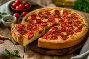Crostata morbida salata con pomodorini ciliegino e mozzarella, appena sfornata in uno stampo tondo da 26 cm, vista dall'alto su un piano in legno chiaro