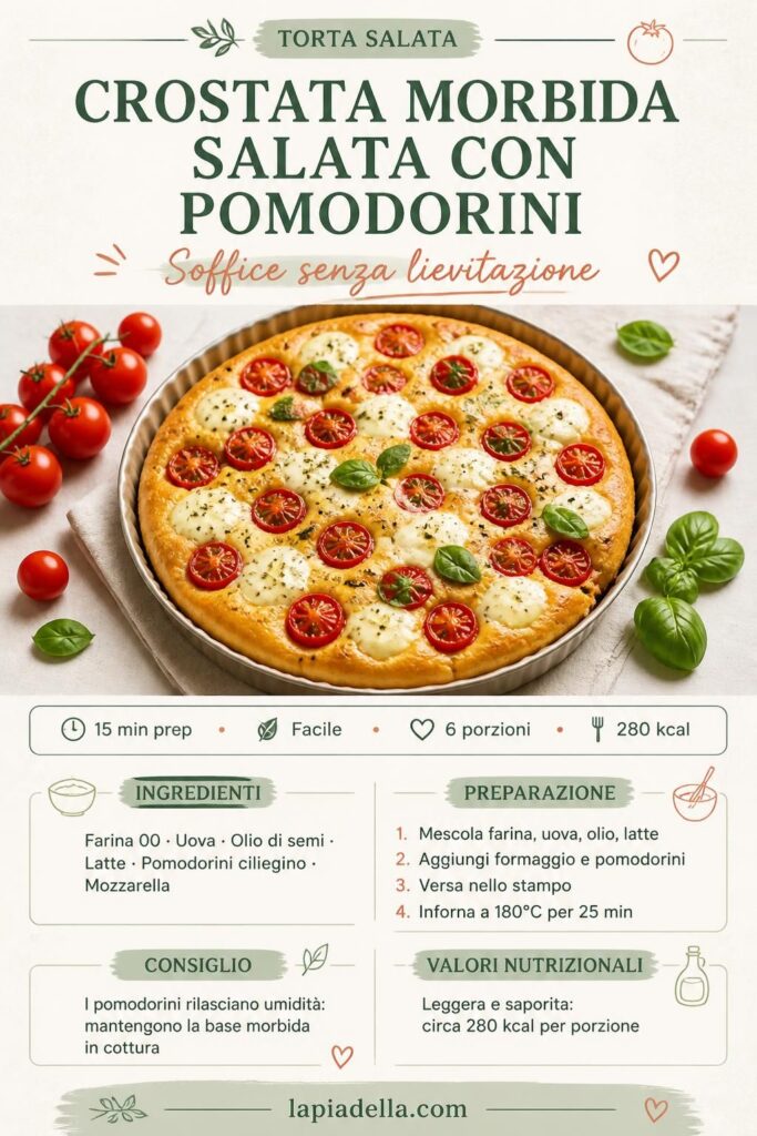 Crostata morbida salata con pomodorini ciliegino e mozzarella in uno stampo da 26 cm