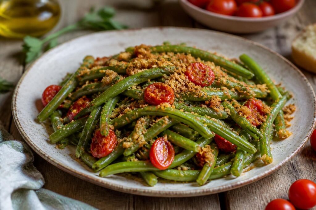 Fagiolini alla pugliese con pomodorini ciliegini e pangrattato croccante dorato in una padella di ferro, su piano di legno rustico