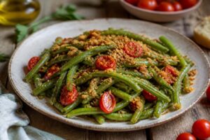 Fagiolini alla pugliese con pomodorini ciliegini e pangrattato croccante dorato in una padella di ferro, su piano di legno rustico