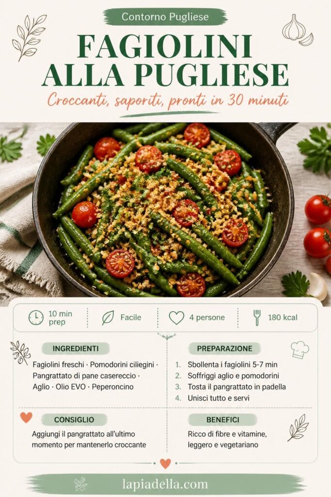 Fagiolini alla pugliese con pomodorini e pangrattato croccante su padella di ferro