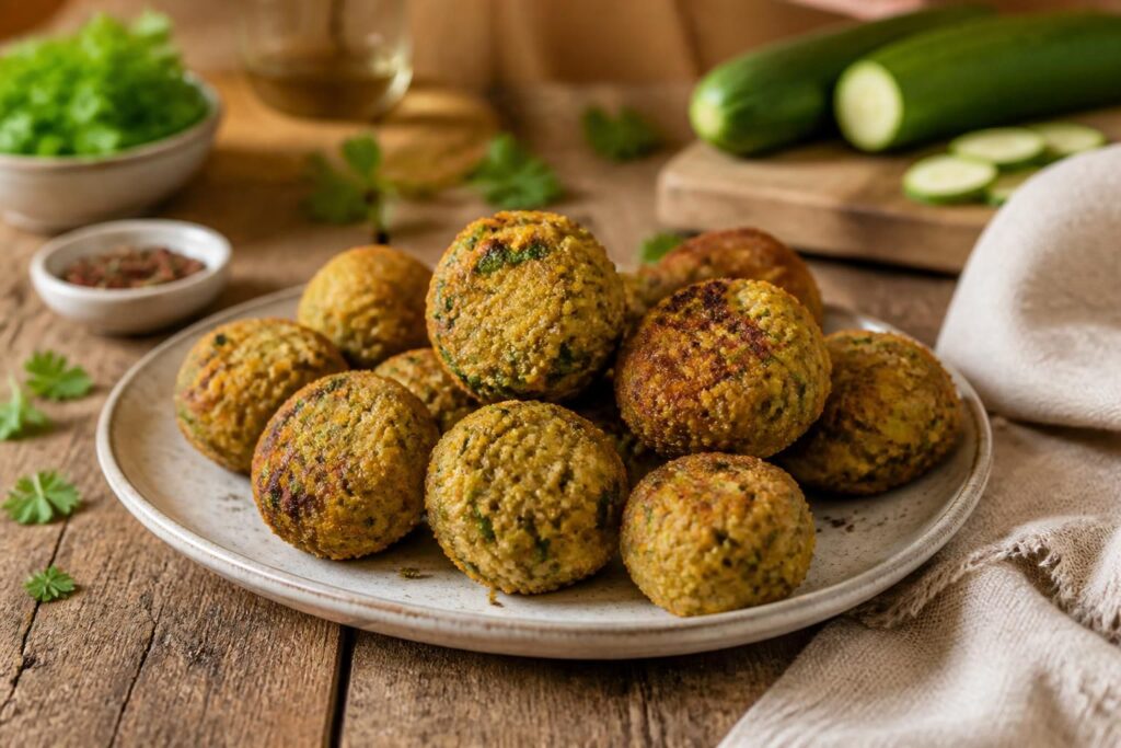 Falafel di zucchine dorati e croccanti appena usciti dalla friggitrice ad aria, serviti su un piatto con salsa allo yogurt e prezzemolo fresco