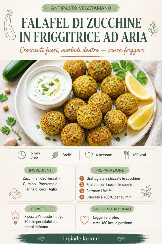 Falafel di zucchine croccanti in friggitrice ad aria su piatto con salsa allo yogurt e prezzemolo