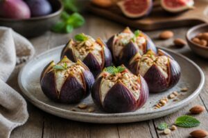 Fichi ripieni di yogurt greco e mandorle tostate su piatto di ceramica bianca, dessert estivo senza zucchero aggiunto