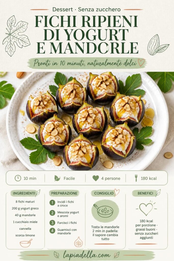 Fichi ripieni di yogurt greco e mandorle tostate su piatto bianco, dessert estivo senza zucchero aggiunto