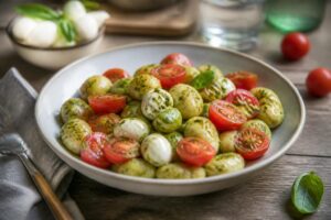 Ciotola di gnocchi freddi con pesto di basilico e pomodorini ciliegino, servita su un tagliere di legno con foglie di basilico fresco