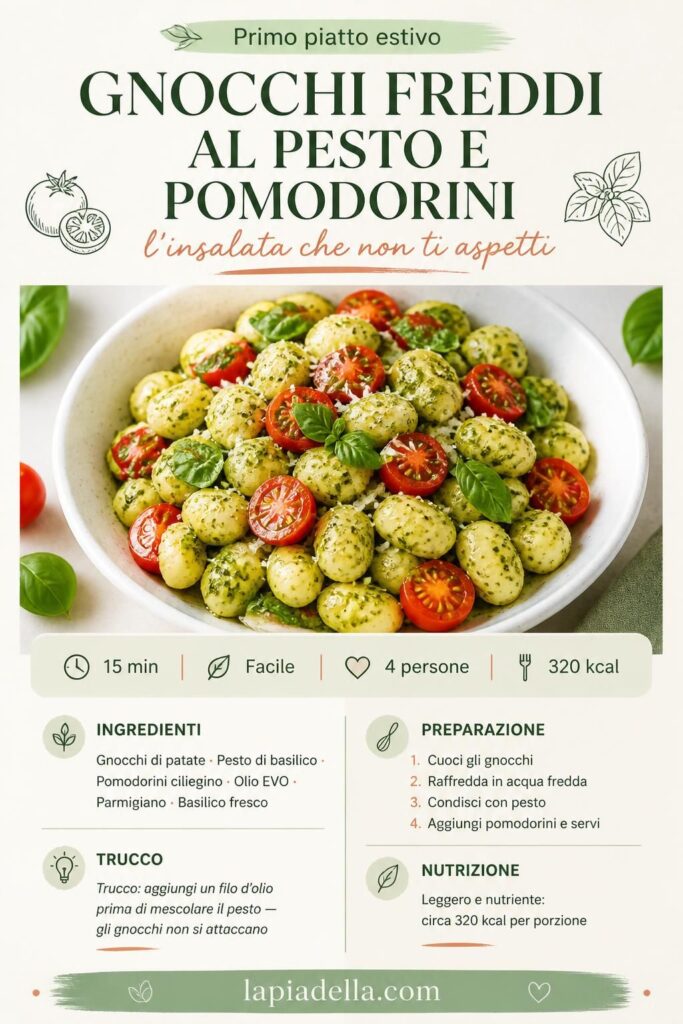 Gnocchi freddi con pesto e pomodorini ciliegino in una ciotola bianca, vista dall'alto