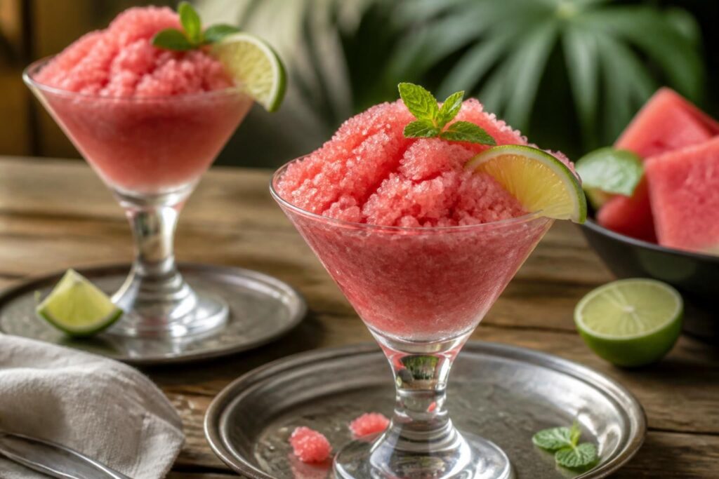 Granita di anguria e lime in un bicchiere di vetro, guarnita con fettine di lime e foglie di menta fresca, su un tavolo estivo di legno chiaro
