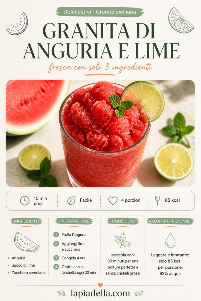 Granita di anguria e lime senza gelatiera in bicchiere di vetro su sfondo estivo chiaro