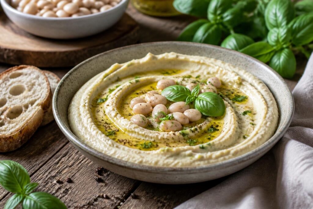 Ciotola di hummus di cannellini e basilico cremoso senza tahina, con filo d'olio extravergine d'oliva e foglie di basilico fresco, su tagliere di legno chiaro