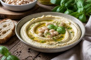 Ciotola di hummus di cannellini e basilico cremoso senza tahina, con filo d'olio extravergine d'oliva e foglie di basilico fresco, su tagliere di legno chiaro