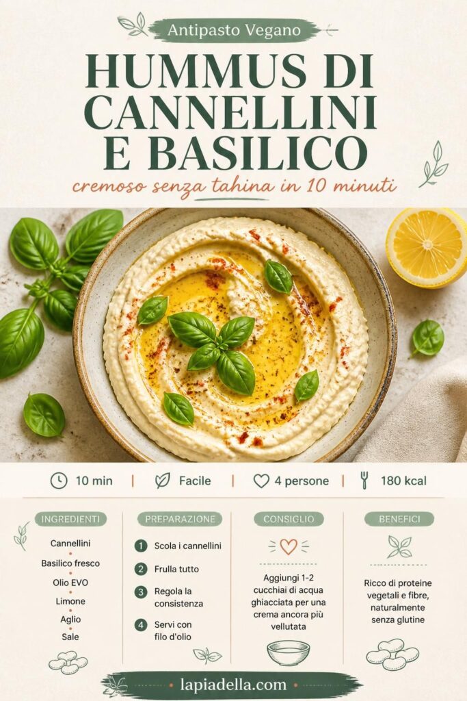 Hummus di cannellini e basilico cremoso senza tahina in ciotola con olio EVO e foglie di basilico fresco