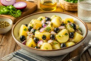 Insalata di patate alla siciliana con pomodorini Pachino, olive nere, capperi e cipolla rossa, servita in una ciotola di terracotta su sfondo di lino bianco