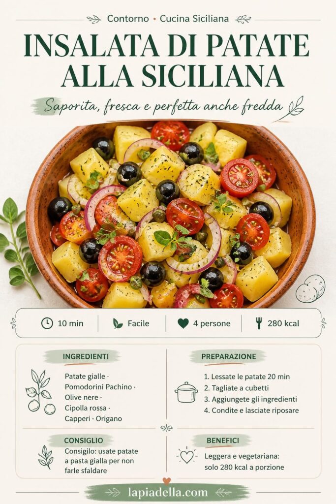 Insalata di patate alla siciliana con pomodorini Pachino, olive e capperi su sfondo rustico