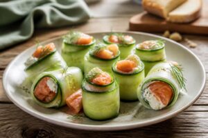 Involtini di cetriolo con robiola e salmone affumicato su vassoio bianco, guarniti con erba cipollina e aneto fresco