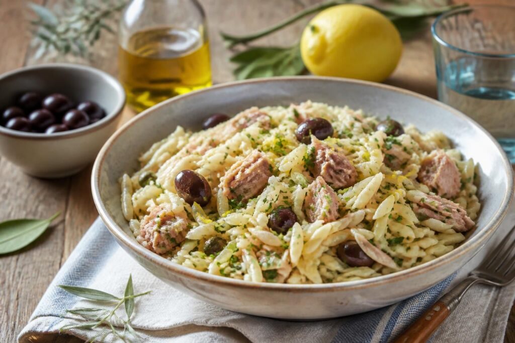 Ciotola di orzo freddo con tonno, olive, scorza di limone e prezzemolo fresco, servito su una tavola all'aperto in estate