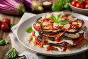 Parmigiana fredda di melanzane senza frittura servita a strati in un piatto bianco, con basilico fresco e pomodoro, vista dall'alto