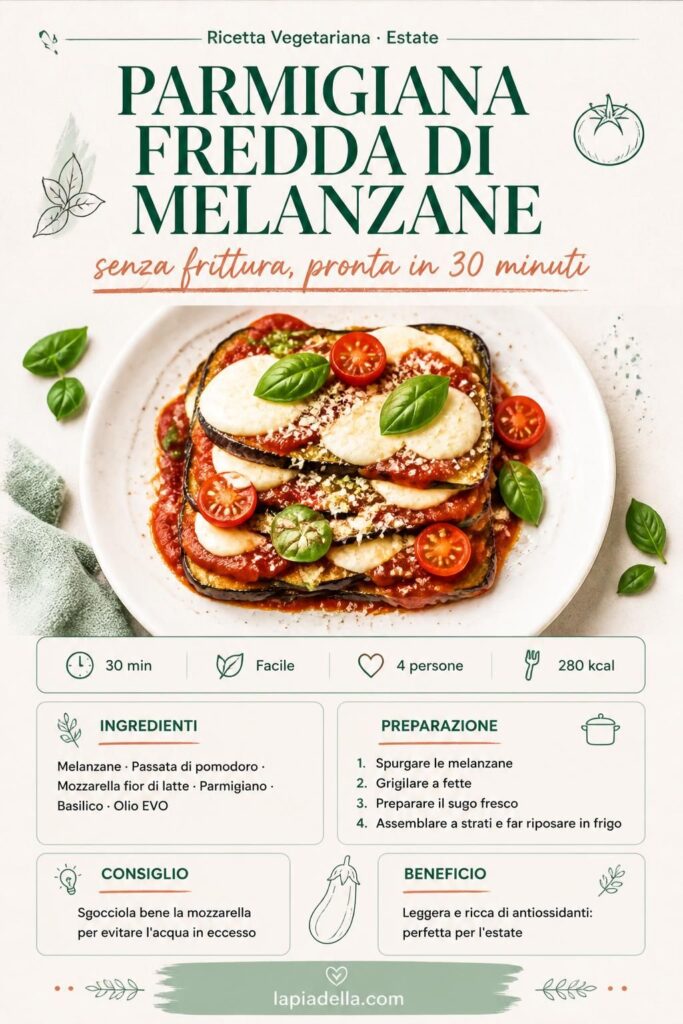 Parmigiana fredda di melanzane senza frittura, strati di melanzane grigliate con sugo fresco e mozzarella