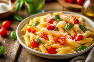 Pasta alla crudaiola con pomodorini freschi, ricotta salata grattugiata e basilico, servita in un piatto bianco su tavolo di legno chiaro
