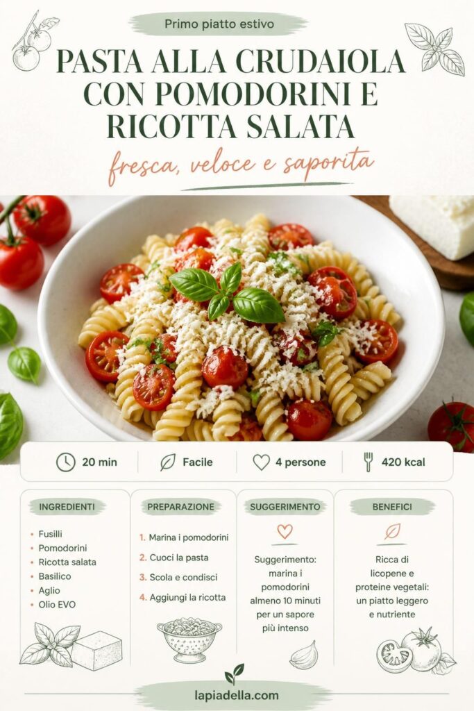 Pasta alla crudaiola con pomodorini e ricotta salata grattugiata in un piatto bianco — pin Pinterest