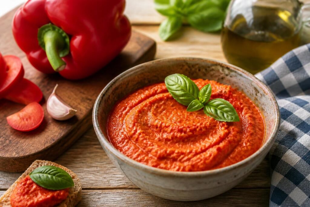 Pesto di peperoni crudi in un vasetto di vetro con basilico fresco e peperoni rossi e gialli sullo sfondo, su un tagliere di legno