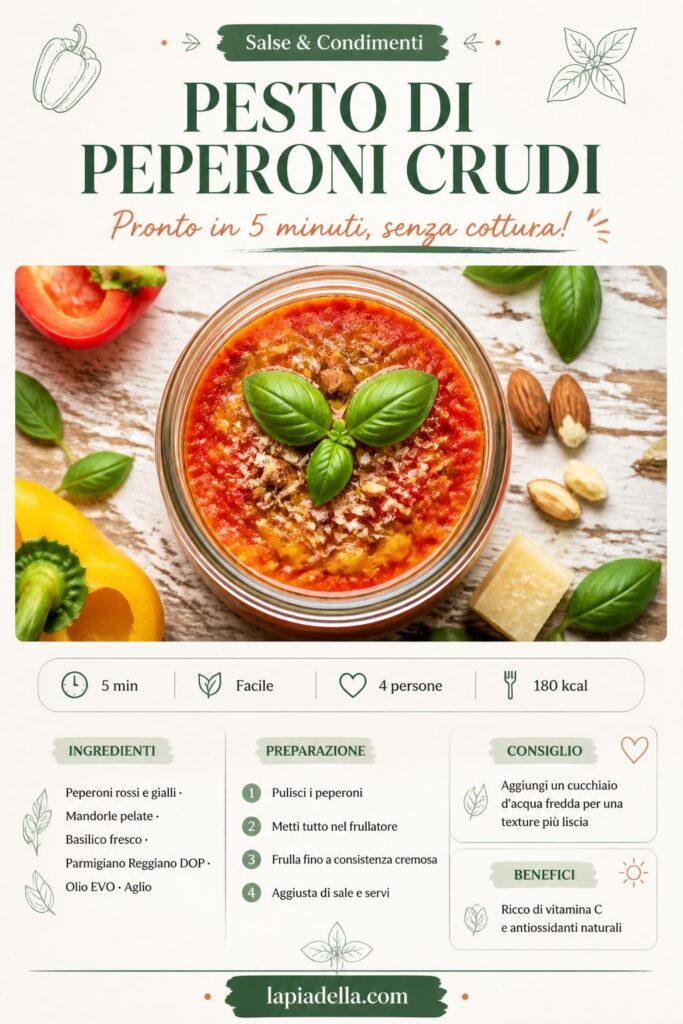 Pesto di peperoni crudi in vasetto con basilico fresco e peperoni colorati