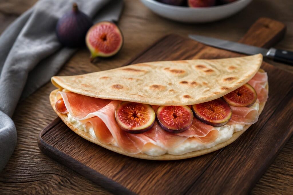 Piadina croccante con prosciutto crudo, fichi freschi tagliati e squacquerone di Romagna, servita su tagliere di legno con rucola