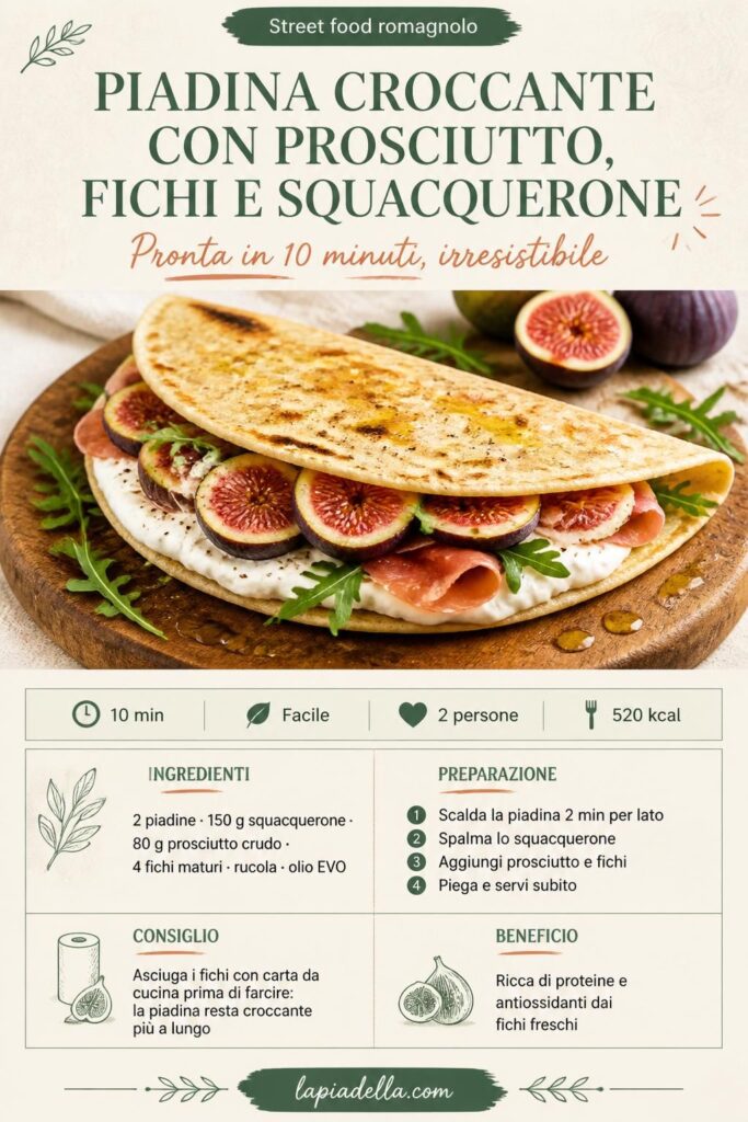 Piadina croccante con prosciutto crudo, fichi freschi e squacquerone di Romagna su tagliere di legno