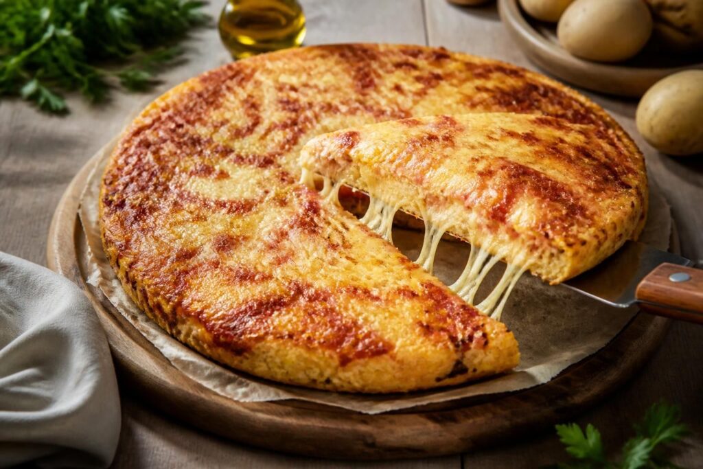Pizza di patate in padella dorata e croccante, tagliata a spicchi con mozzarella filante, servita su un tagliere di legno rustico