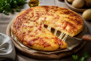 Pizza di patate in padella dorata e croccante, tagliata a spicchi con mozzarella filante, servita su un tagliere di legno rustico