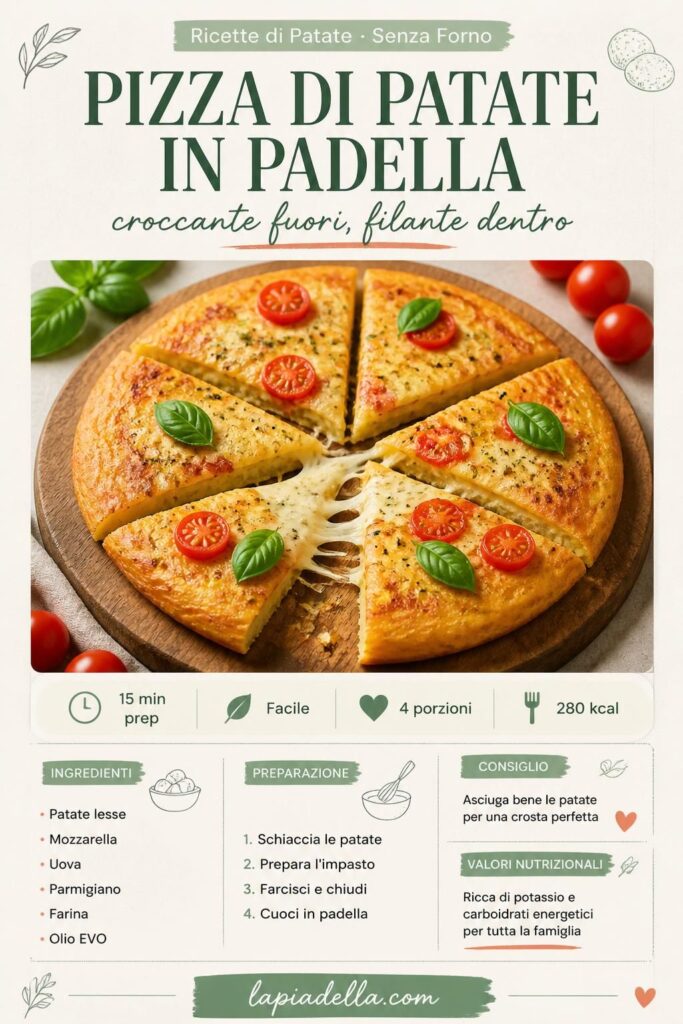 Pizza di patate in padella croccante con mozzarella filante, tagliata a spicchi su un tagliere di legno
