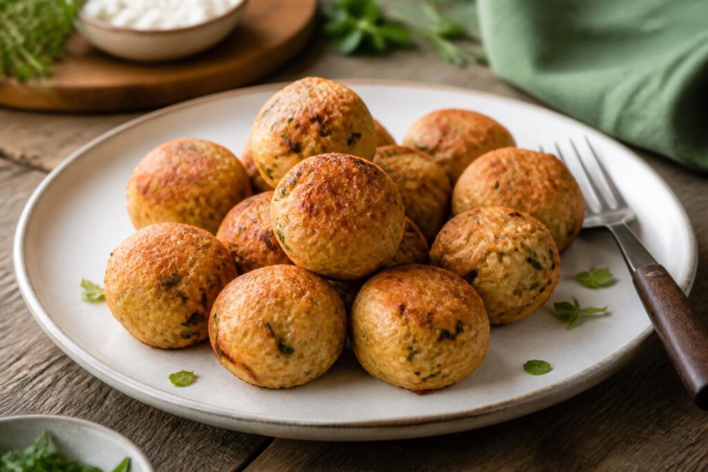 Polpette di tonno e ricotta morbide disposte su un piatto bianco, dorate al forno, con prezzemolo fresco e spicchi di limone
