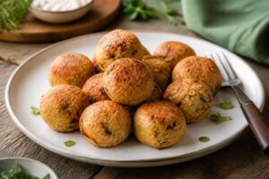 Polpette di tonno e ricotta morbide disposte su un piatto bianco, dorate al forno, con prezzemolo fresco e spicchi di limone