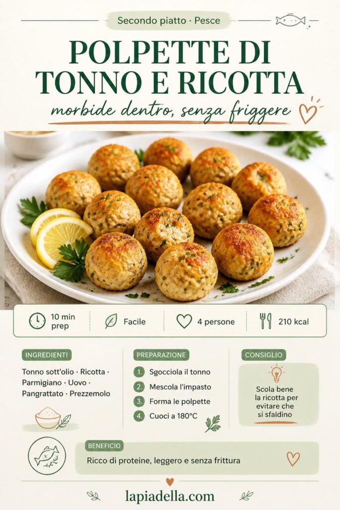 Polpette di tonno e ricotta morbide al forno, dorate, su piatto bianco con limone e prezzemolo