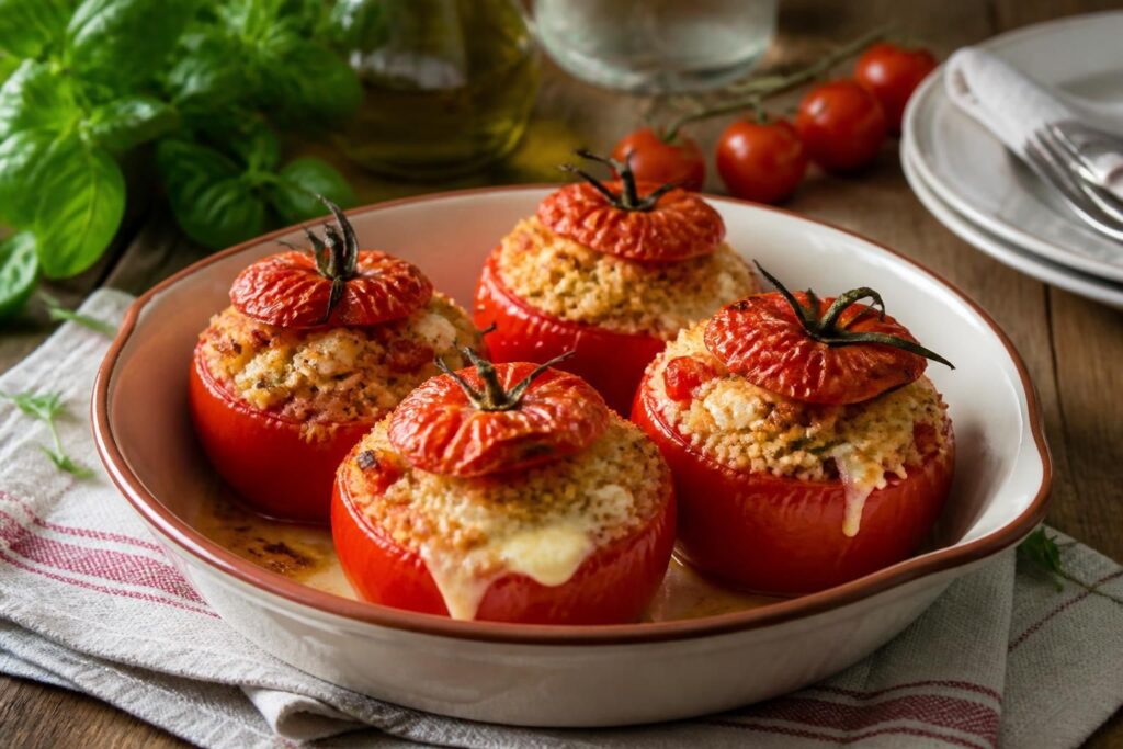 Pomodori ripieni di cous cous e mozzarella filante su un piatto da portata estivo, decorati con foglie di basilico fresco