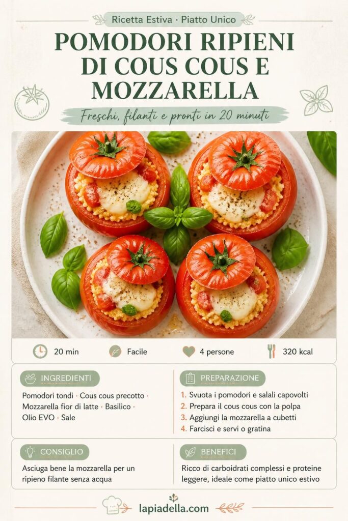 Pomodori ripieni di cous cous e mozzarella filante su piatto estivo con basilico fresco