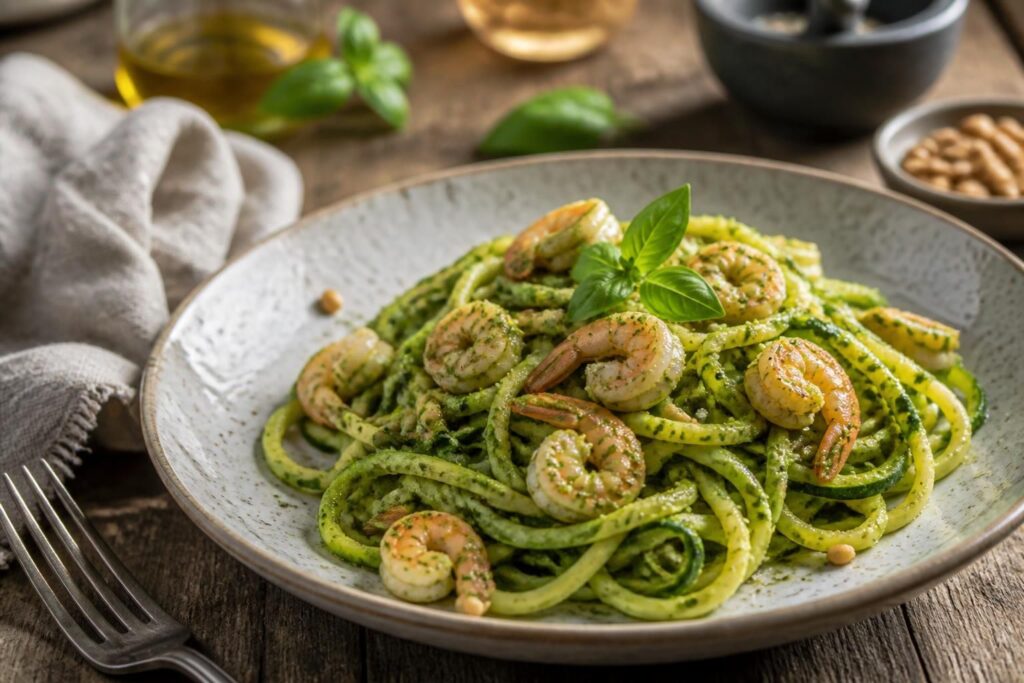 Spaghetti di zucchine con pesto e gamberi serviti in un piatto bianco, guarniti con basilico fresco e pinoli tostati