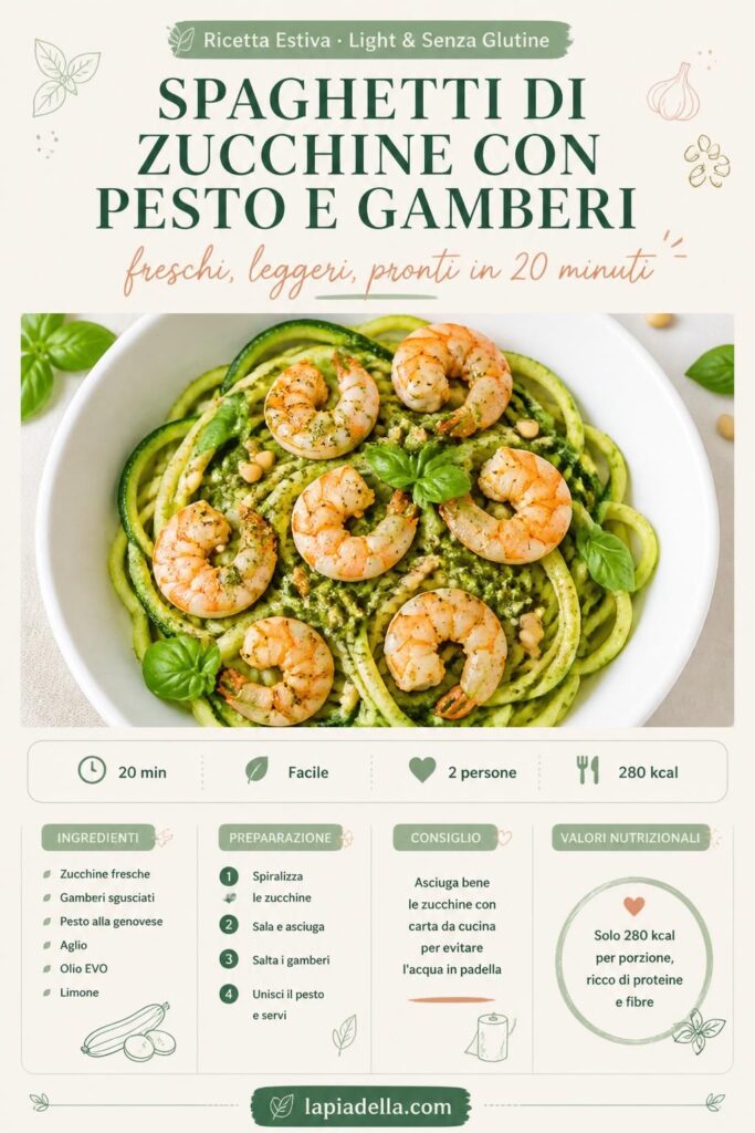 Spaghetti di zucchine con pesto e gamberi su sfondo chiaro, visti dall'alto, con basilico e pinoli